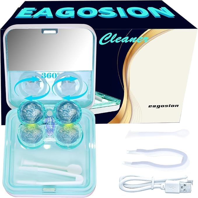 eagosion Contact Lens Cleaner Machine EV Pro, Portable Physical Technology Deep Clean with LED Light Tweezer Soak Case Kit, Magnetic Cleaning Slot USB Charger for Long-Term Lens/Colored Lens/Soft Lens - Image 1